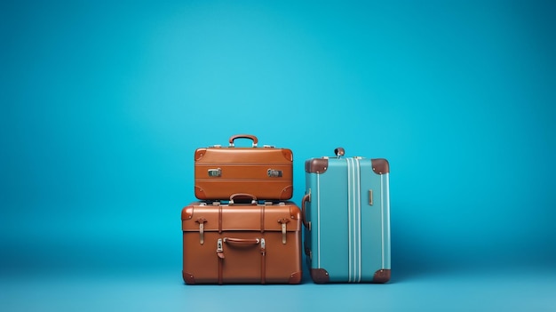blue travel suitcase on blue background