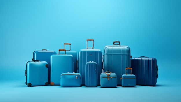 blue travel suitcase on blue background