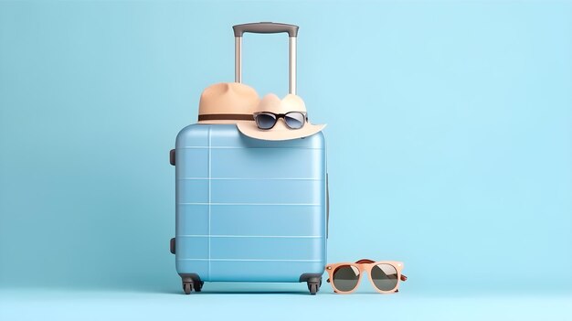 Blue travel suitcase and glasses with vocation hat on blue background