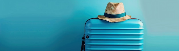 Blue travel suitcase with a stylish hat on top