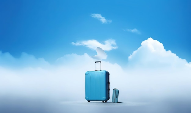 Blue travel suitcase with wheels on blue background with clouds trip concept generative ai