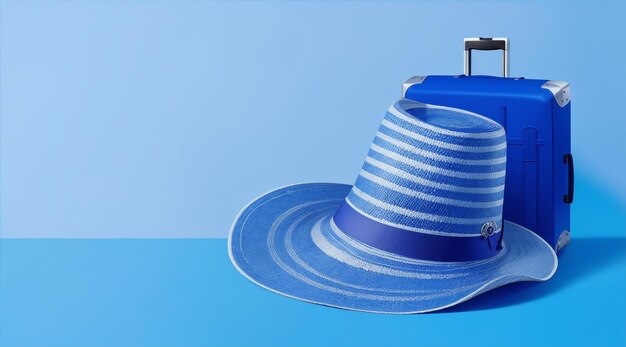 Фото Голубой туристический чемодан с колесами соломенная шляпа на едином голубом фоне концепция поездки от generative ai
