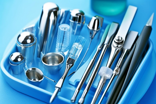 A blue tray with a metal utensil and a measuring cup.