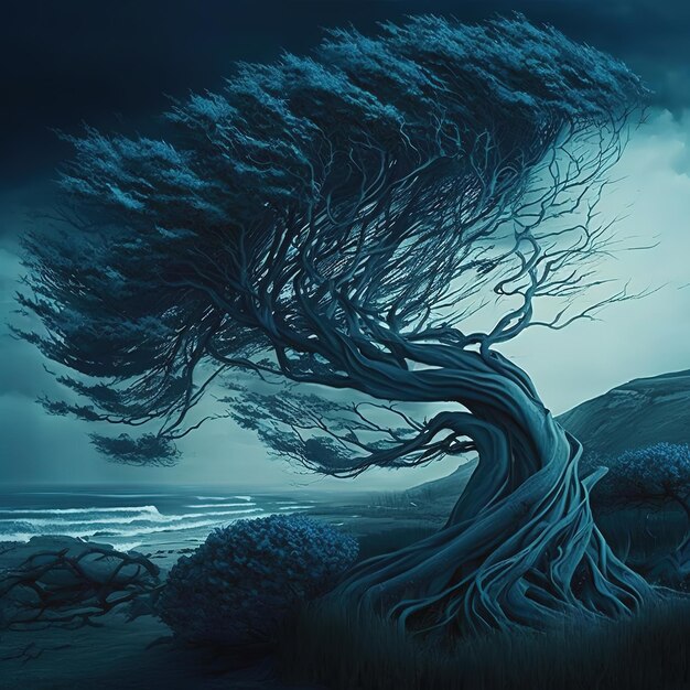 A blue tree on a beach with the title'wind '