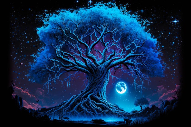 Blue tree with moon in the background Generative AI