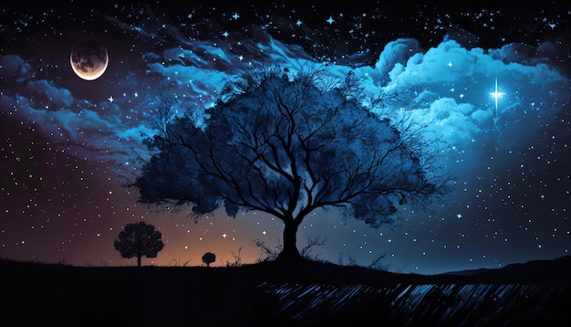 A blue tree with a starry sky in the background
