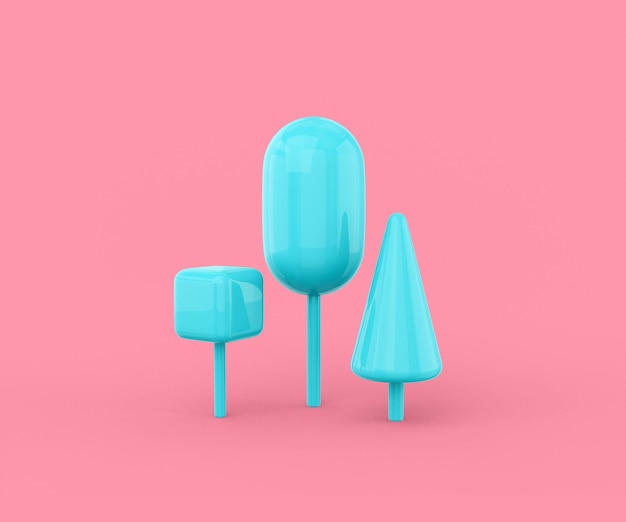 Blue trees of different geometric shapes cube oval cone on a\
pink background minimalistic design object 3d rendering