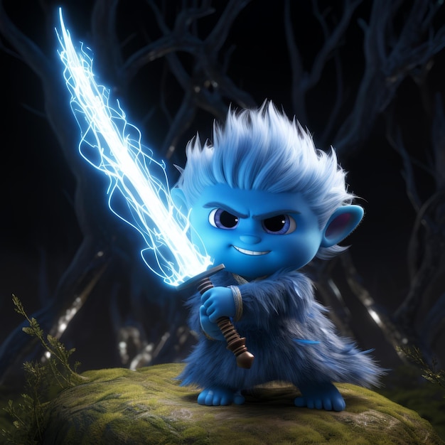 Blue Troll With Long Hair A Cute Cartoonish Design In Vray Tracing