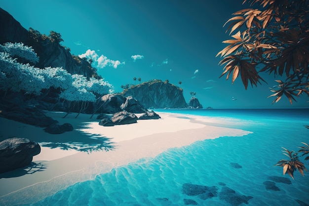 海を背景に青い熱帯の島 イラスト AI ジェネレーティブ