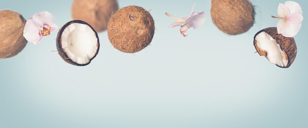 Photo blue tropical summer background with falling coconuts and orchids flowers