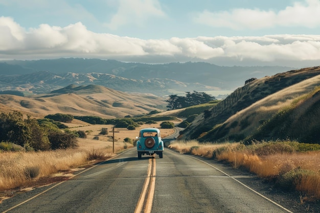 Photo a blue truck driving down a rural road