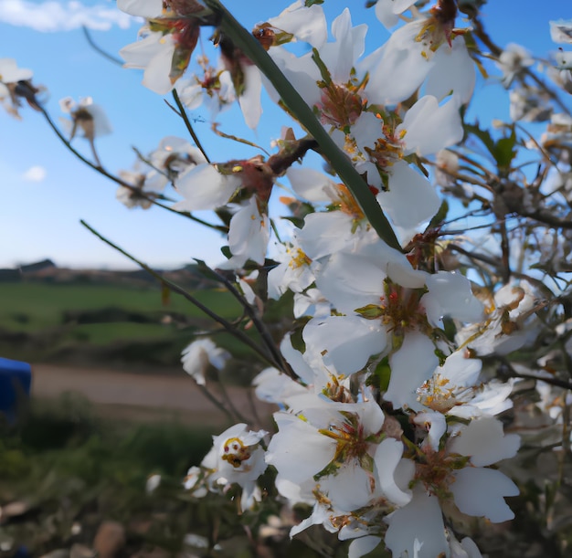 A blue truck is parked in the background with a bunch of white flowers.