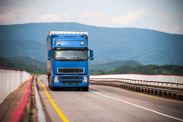 Foto camion blu su una strada in movimento da un ponte.