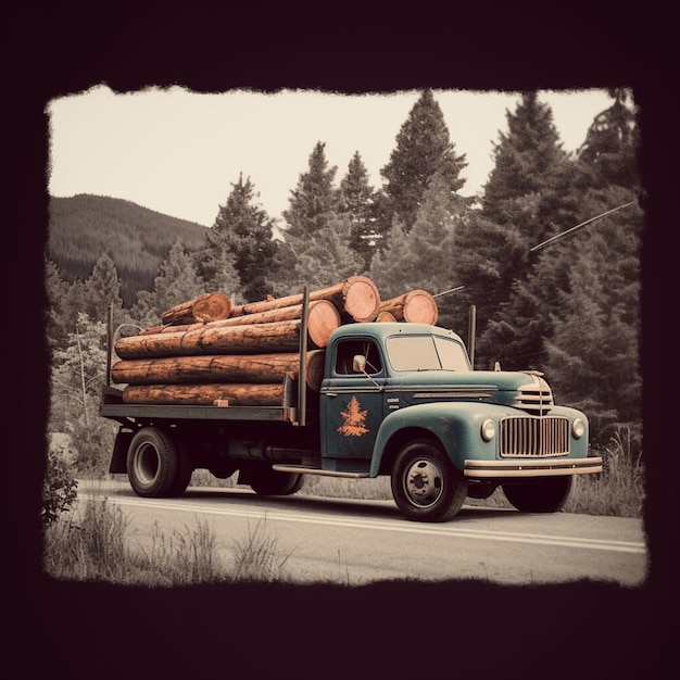 A blue truck with a log on the back