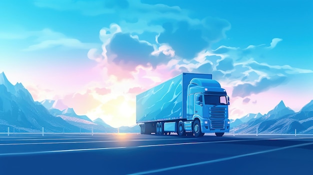 배경에는 산의 풍경이 있는 파란색 트럭입니다.