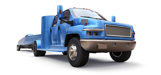 Blue truck with a trailer for transporting a racing boat on a white background. 3d rendering.