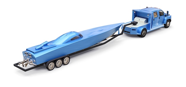 Синий грузовик с прицепом для перевозки гоночной лодки на белом фоне. 3D-рендеринг.