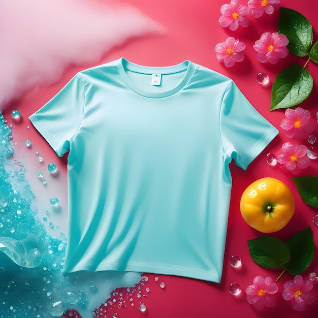 Blue tshirt on a pink background with water drops and flowers