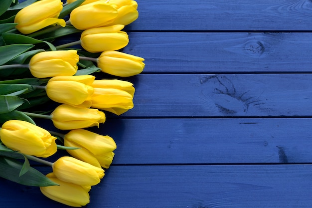 Foto fiori blu del tulipano sul contesto di legno