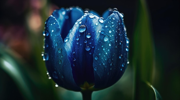 A blue tulip with raindrops on it