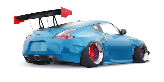 Blue tuned sports racing car with arch extensions air suspension and a huge spoiler 3d rendering