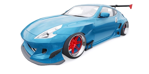 Blue tuned sports racing car with arch extensions air suspension and a huge spoiler 3d rendering