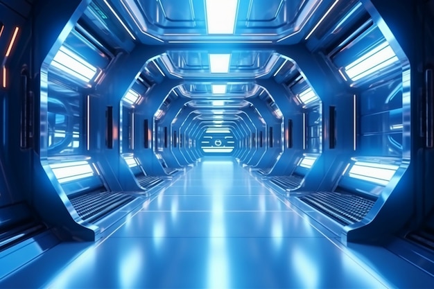 A blue tunnel with a light on the ceiling