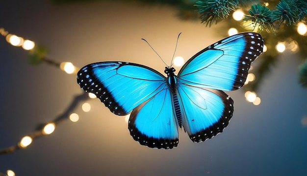 青いターコイズ色の蝶が翼を広げ 枝の光を背景に