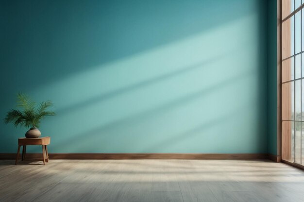 Blue turquoise empty wall and wooden floor with interesting with glare from the window Interior bac