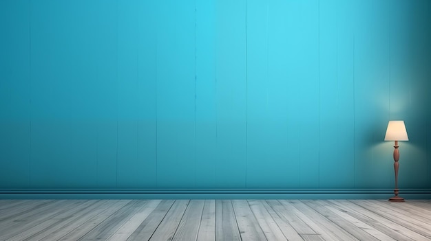 Голубая бирюзовая пустая стена и деревянный пол с интересным блеском из окна Интерьер