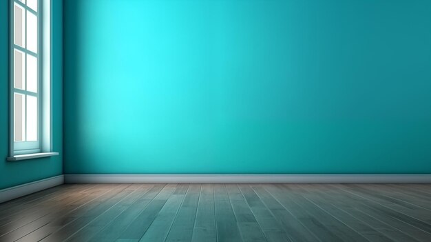 Blue turquoise empty wall and wooden floor with interesting with glare from the window Interior