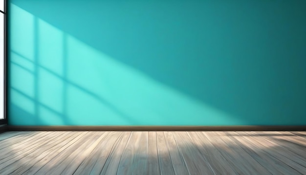 Blue turquoise empty wall and wooden floor with interesting with glare from the window