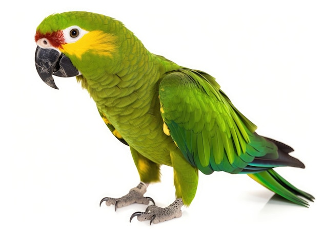 Blue or turquoise fronted Amazone parrot aka Amazona aestiva walking side ways Looking to the side showing profile Isolated on a white background