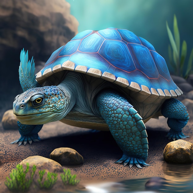 A blue turtle with a blue head and blue eyes is standing on rocks.