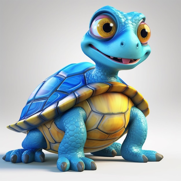 A blue turtle with a yellow face and a blue turtle on its head.