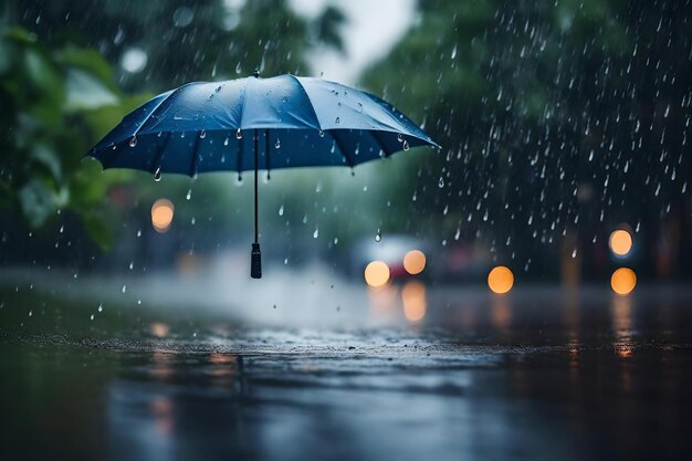 голубой зонтик вверх ногами в дождь