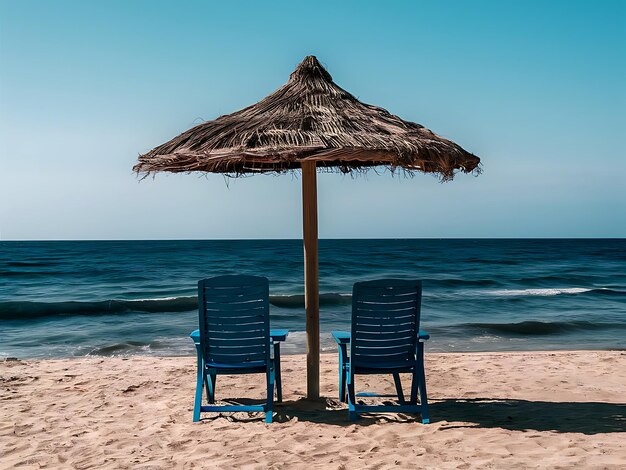 Blue Umbrella and Sea Chairs Under a Clear Sky