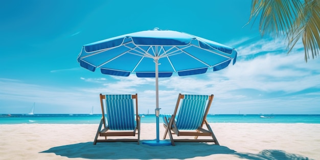 Синий зонтик с шезлонгами на тропическом пляже на фоне голубого неба Generative AI