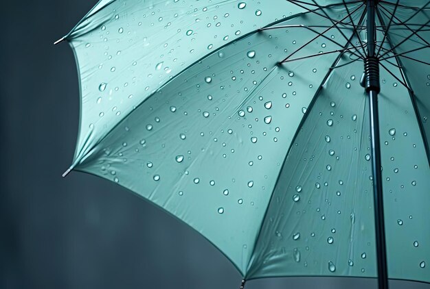 a blue umbrella with rain droplets on it in the style of light turquoise and emerald