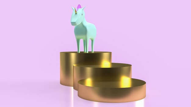 The blue unicorn and gold stairs for startup concept 3d rendering