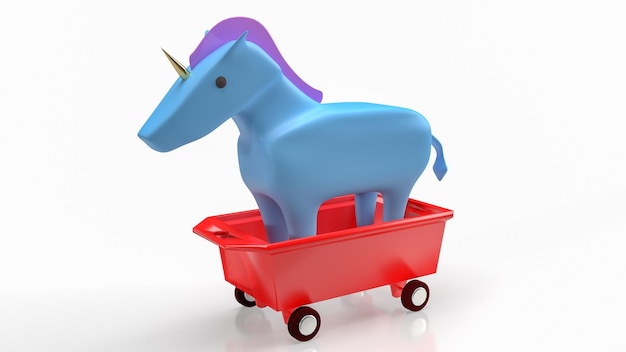 Photo the blue unicorn on red cart for start up concept 3d rendering