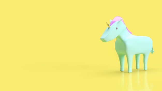L'unicorno blu su sfondo giallo per il rendering 3d del concetto di avvio