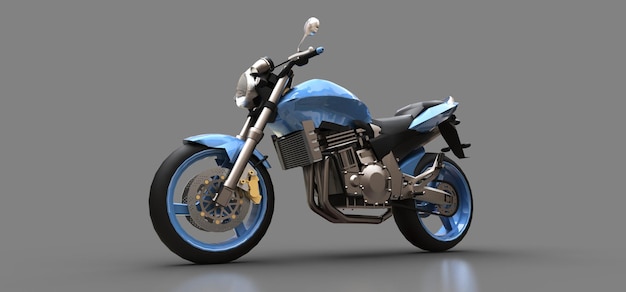 Blue urban sport twoseater motorcycle on a gray background 3d illustration