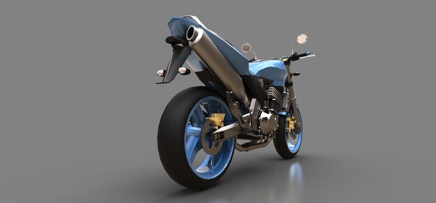 Blue urban sport twoseater motorcycle on a gray background 3d illustration