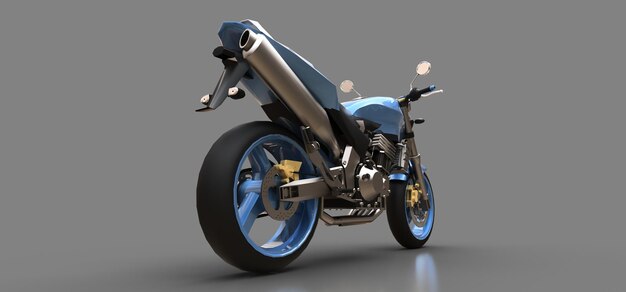 Blue urban sport twoseater motorcycle on a gray background 3d illustration