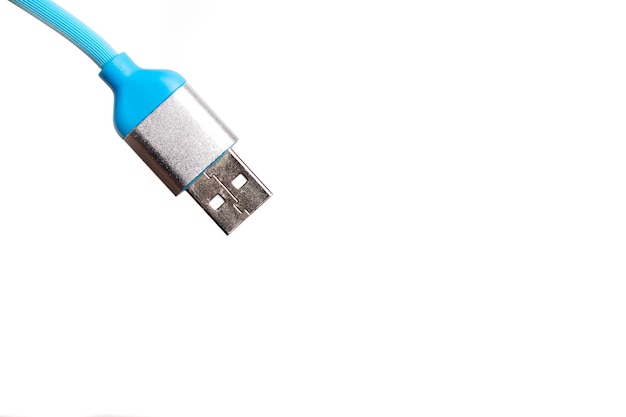 Blue USB cable on white background.