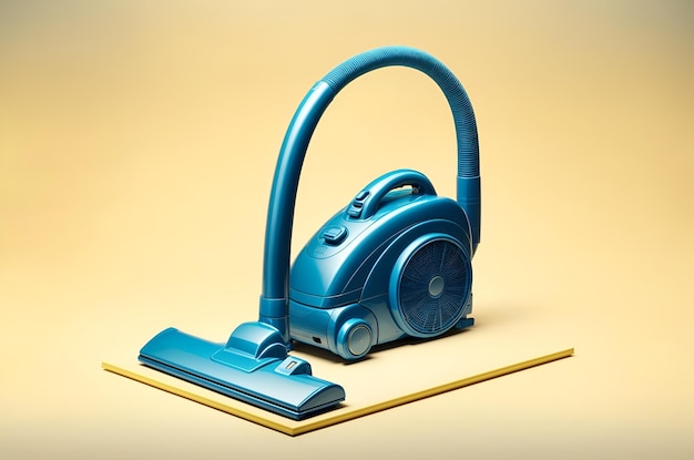 a blue vacuum cleaner set against a light yellow background