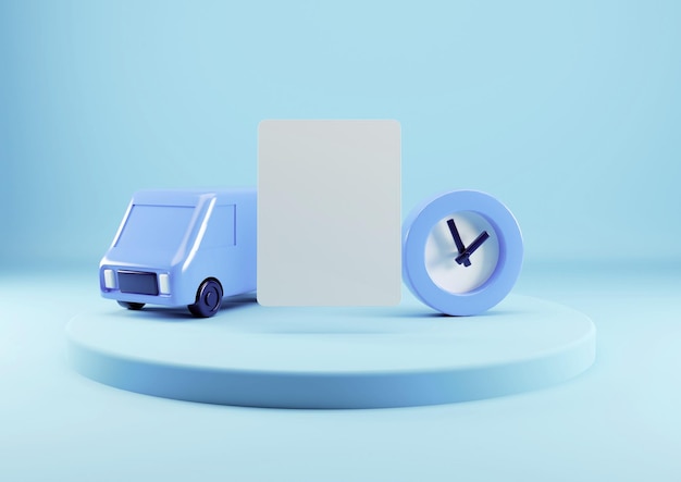 Blue van delivery clock and tablet 3d render