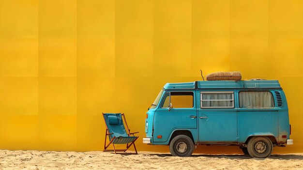 a blue van with a blue chair and a chair on the beach