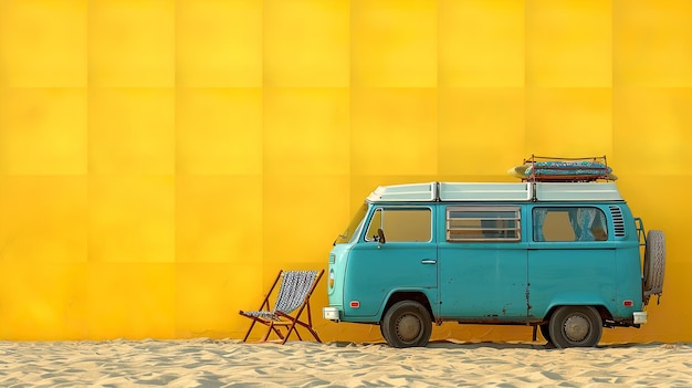 a blue van with a chair on the roof is parked in front of a yellow wall